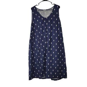 Garnet Hill 100% Linen Navy Blue Ivory Sleeveless V-Neck Dress Size 18